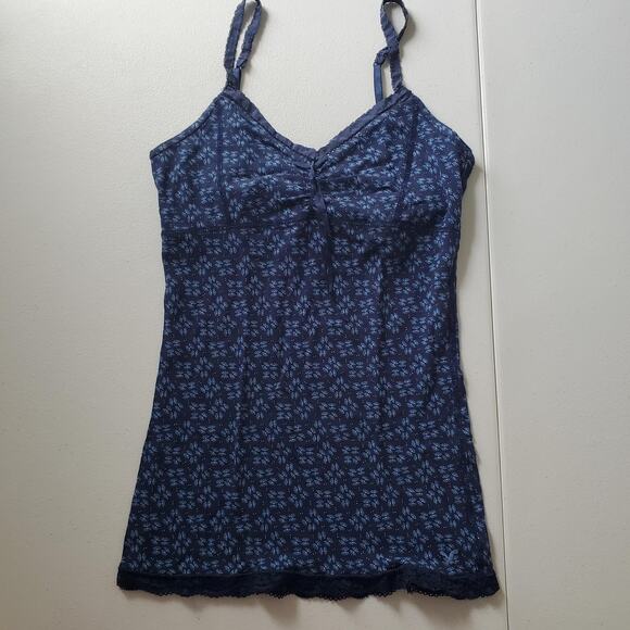 Y2K American Eagle Tank Top Women Small Blue Floral Lace Babydoll Shelf Bra Cami - Picture 1 of 9